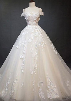 Off-The-Shoulder Ivory Tulle Lace Applique Long Bridal Dresses