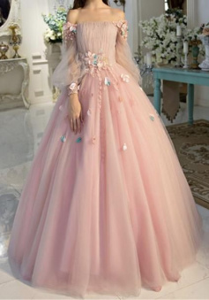 A Line Long Sleeve Pearl Pink Ball Gown Long Floral Fairy Prom Dress