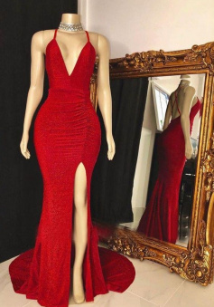 Sexy Red Sequin V Neck Backless Long Prom Dress with Side Slit