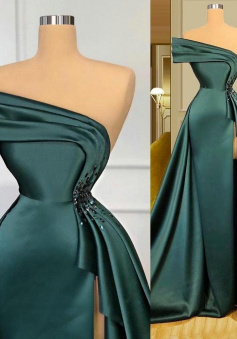 Elegant Ruched Crystal Beads Split One Shoulder Evening Gowns Formal Prom Dresses