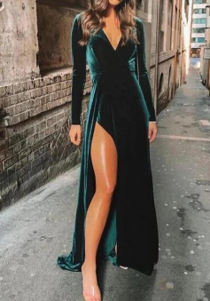 Simple Hunter V-Neck Front Split Velvet Prom Dress