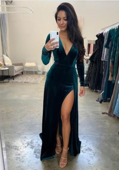 Sexy V-Neck Long SLeeves Split Front Velvet Prom Dress