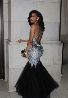 A Line Strapless Backless Beaded Prom Dress