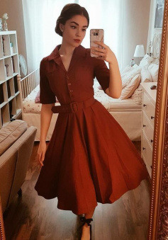 Vintage Cute Dark Red Tea Length Prom Dress
