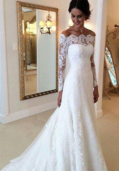 Elegant Mermaid Off The Shoulder Long Sleeves Lace Wedding Dresses