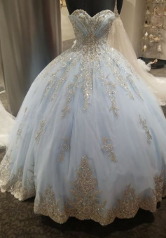 Beautiful Light Blue & Gold Lace Ball Gown Prom Dress Quinceanera Dresses