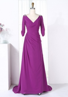 Sheath V-Neck Half Sleeves Purple Chiffon Beaded Bridesmaid Dress