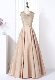 A-Line Round Neck Champagne Satin Bridesmaid Prom Dress with Beading