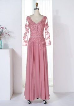 A-Line V-Neck 3/4 Sleeves Blush Chiffon Bridesmaid Dress with Appliques