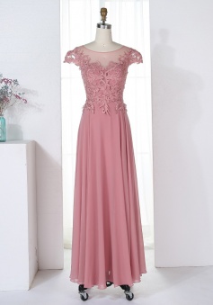 A-Line Bateau Cap Sleeves Blush Chiffon Bridesmaid Dress with Appliques