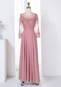 A-Line Bateau 3/4 Sleeves Blush Chiffon Bridesmaid Dress with Appliques