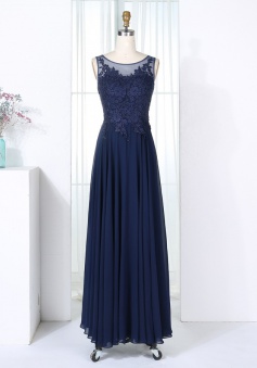 A-Line Bateau Navy Blue Chiffon Bridesmaid Dress with Appliques