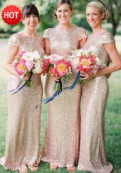 Mermaid Bateau Cap Sleeves Champagne Sequined Bridesmaid Dress