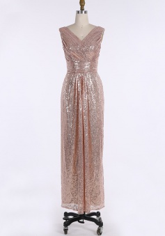 Glamorous V-neck Floor Length Sleeveless Sequins Rose Gold Bridesmaid Dress