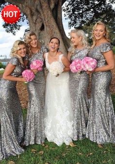 Sheath Scoop Cap Sleeves Sweep Train Silver Sequined Bridesmaid Dress