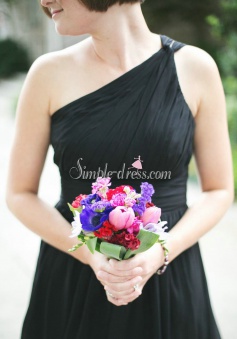 Simple One Shoulder Ruffles A-line Knee-length Chiffon Black Bridesmaid Dresses CHBD-71123