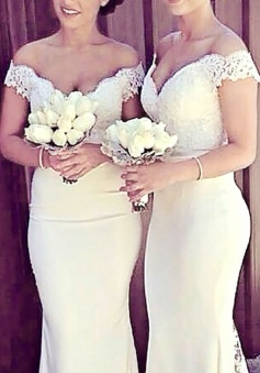 Elegant Mermaid Off-shoulder Long Lace Ivory Bridesmaid Dress