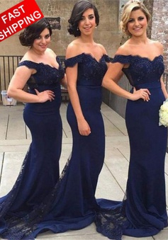 Mermaid Off-the-Shoulder Sweep Train Navy Blue Bridesmaid Dress with Lace