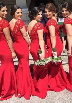 Elegant Mermaid V-Neck Sweep Train Red Bridesmaid Dress with Lace