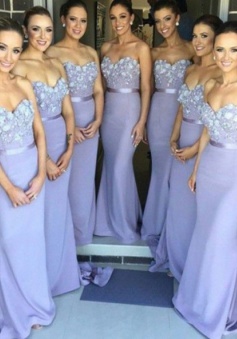 Fashion Mermaid Sweetheart  Floor-Length Lavender Bridesmaid  Dress with Appliques