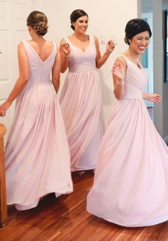 Simple A-Line V-Neck Floor Length Pink Bridesmaid Dress with Ruched