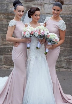 Mermaid Bridesmaid Dress - Pink Bateau Sweep Train Cap Sleeves with Beading