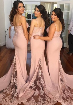 Mermaid Bridesmaid Dress - Chapel Train Pink Spaghetti Straps Bodycon Lace