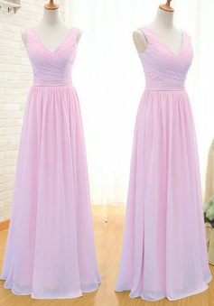 Simple A- Line V- Neck Floor Length Chiffon Bridesmaid Dress