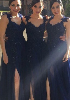 Hot-selling A-line Dark Navy Slit Long Chiffon Bridesmaid Dress with Appliques
