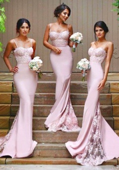 Gorgeous Spaghetti Mermaid Long Bridesmaid Dress with Train