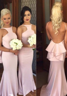 Special Mermaid Long Pink Bridesmaid Dress with Open Back