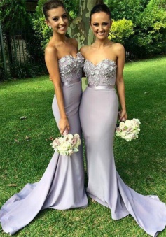 Mermaid Strapless Sweep Train Lavender Bridesmaid Dress with Appliques