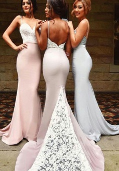 Sexy Spaghetti Long Bridesmaid Dresses With White Lace