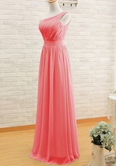 Simple A-line One-shoulder Long Watermelon Bridesmaid Dress/Wedding Party Dress