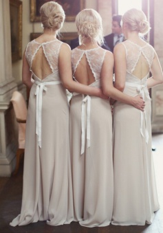 Elegant Long Chiffon Bridesmaid Dress - Open Back Sash Lace Top