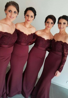 New Arrival Off-the-Shoulder Wine Red Trumpet/Mermaid Bridesmaid Dress