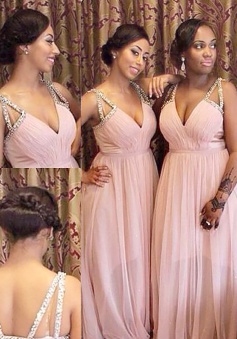 Charming Deep V-neck Spaghetti Straps Beading Floor-Length Pink Bridesmaid Dress 