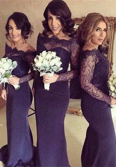 Glamorous Mermaid Sweep Train Long Sleeves Dark Navy Bridesmaid Dress with Lace Sash