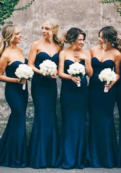 Mermaid Sweetheart Navy Blue Stretch Satin Sweep Train Bridesmaid Dress