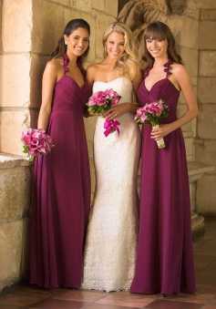 Hot-selling Spaghetti Straps V-neck Fuchsia Bridesmaid Dress Ruched