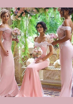 Elegant Court Train Off-the-shoulder Open Back Mermaid Pink Bridesmaid Dress with Lace