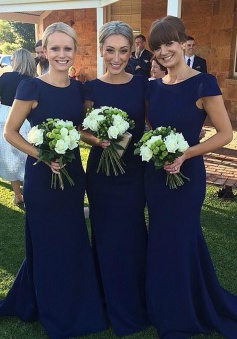 Simple Mermaid Bateau Cap Sleeves Sweep Train Navy Bridesmaid Dress