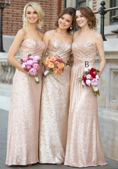 Elegant Sweetheart Floor Length Rose Gold Sequins Bridesmaid Dress with Pleats