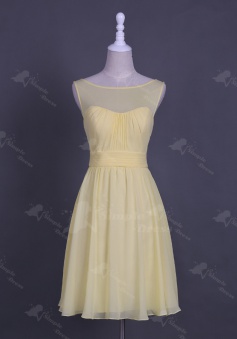 Trendy Bateau Sleeveless Knee-Length Light Yellow Homecoming Dress with Pleats Open Back