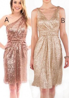 Shinning One Shoulder Short Gold Sequines Bridesmaid Dress Ruched