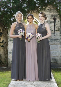 Generous Halter Floor-Length Grey Bridesmaid Dress with Lace Pleats