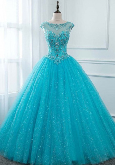 A Line Blue Tulle Open Back Lace Up Ball Gown Prom Dress