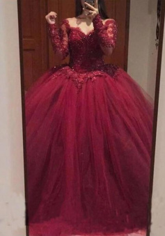 Long Sleeves Burgundy Lace Appliques Ball Gown Prom/Evening Dresses
