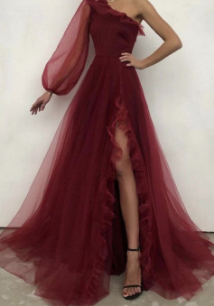 One Shoulder A Line Burgundy Tulle Prom Evening Dress