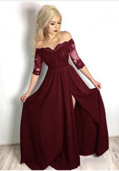 Off Shoulder Burgundy long prom dress for girls with lace